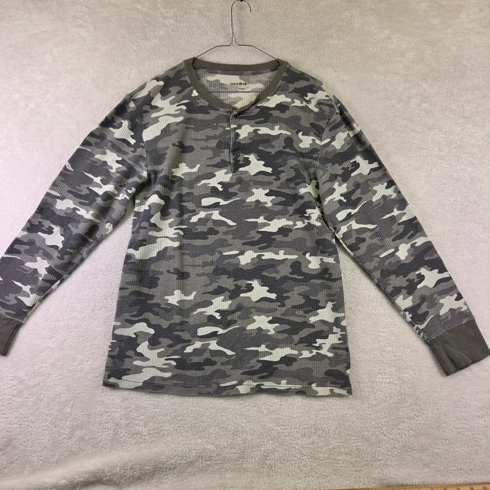 Joe Boxer Mens Camo Thermal Henley Shirt Grey Waffle Knit Long Sleeve Large